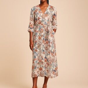 Hayden Los Angeles Boho Floral Cottage Print Quarter Long Sleeve Midi Wrap Dress